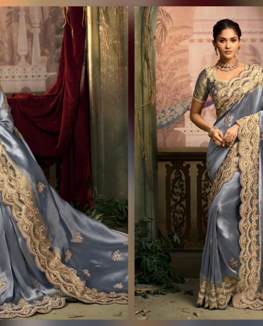 BLUE - Blue Silk Saree with Heavy Gold Embroidered Border Designer Blouse